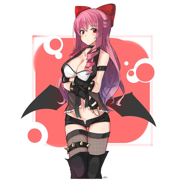 イラスト 1000x1000 と dungeon and fighter nellen ソロ 長髪 カメラ目線 赤面 前髪 おっぱい light erotic simple background 赤い目 ピンク髪 open shorts 女の子 ストッキング 手袋 下着 パンティー ちょう結び ヘア蝶結び