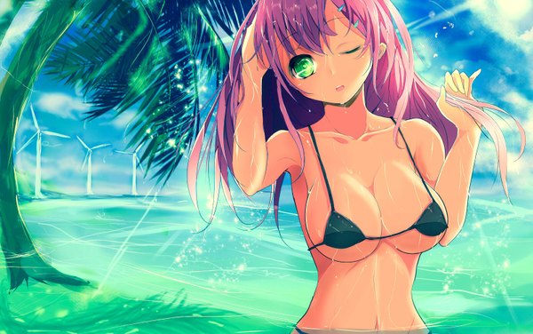 Anime picture 1608x1008 with original velia (artist) single long hair fringe breasts open mouth light erotic large breasts green eyes looking away purple hair cloud (clouds) wet dark skin girl navel hair ornament swimsuit plant (plants)