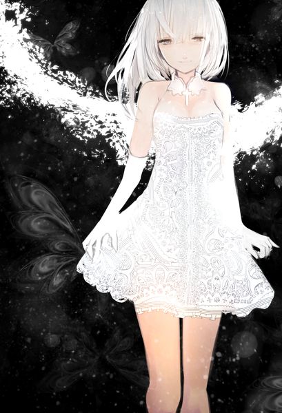 Anime picture 1972x2894 with original tarbo (exxxpiation) single long hair tall image looking at viewer fringe highres breasts hair between eyes standing cleavage white hair blunt bangs grey eyes floral print black background girl dress gloves