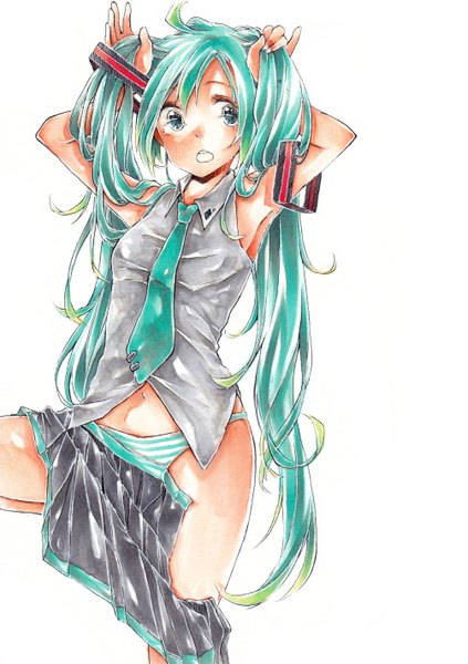 Anime picture 1004x1423 with vocaloid hatsune miku kawana (spicaboy) single long hair tall image open mouth light erotic simple background white background twintails looking away ahoge aqua eyes aqua hair open clothes open skirt girl underwear panties