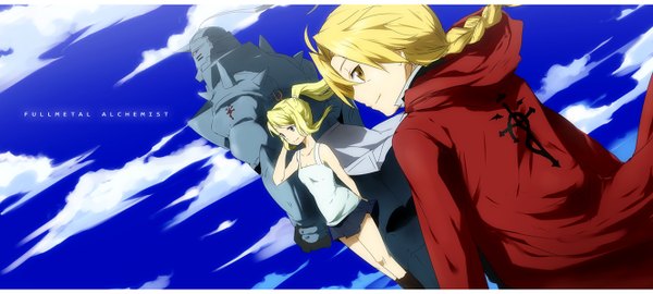 Anime picture 1330x600 with fullmetal alchemist studio bones edward elric alphonse elric winry rockbell kl blonde hair smile wide image yellow eyes sky cloud (clouds) ponytail profile wind inscription sleeveless single braid group siblings