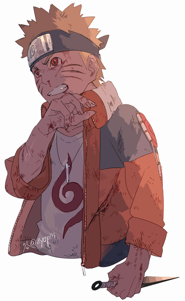 Anime picture 993x1620 with naruto studio pierrot naruto (series) uzumaki naruto zifletts single tall image short hair simple background blonde hair red eyes white background signed looking away upper body open jacket twitter username facial mark slit pupils whisker markings