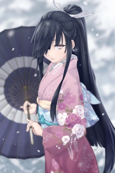 Anime picture 800x1200 with kantai collection hayashimo destroyer rokuwata tomoe single long hair tall image looking at viewer fringe black hair holding ponytail traditional clothes japanese clothes pink eyes hair over one eye floral print snowing winter snow alternate hairstyle