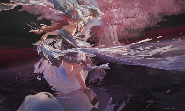 Anime picture 2000x1200 with touhou saigyouji yuyuko saigyou ayakashi mivit single long hair blush highres breasts wide image holding signed pink hair cleavage full body eyes closed nail polish fingernails wide sleeves bare legs