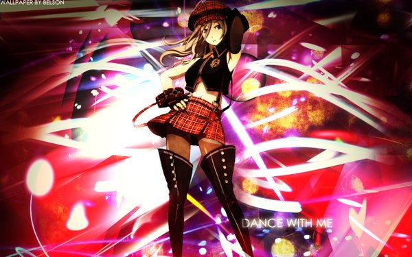Anime picture 1280x800 with god eater god eater burst ufotable alisa ilinichina amiella single long hair brown hair wide image purple eyes inscription plaid skirt plaid dancing girl gloves detached sleeves elbow gloves headdress thigh boots beret