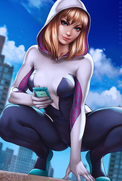 Anime picture 674x1000 with marvel comics gwen stacy spider-gwen bmo dandon fuga single tall image looking at viewer fringe short hair breasts blue eyes light erotic blonde hair sky cloud (clouds) light smile realistic squat >:)