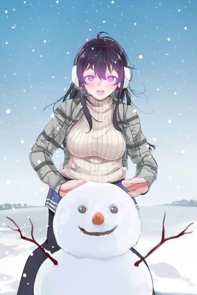 Anime picture 1800x2700 with original miyaura sanshio beifeng han single long hair tall image fringe highres breasts open mouth black hair hair between eyes large breasts standing purple eyes sky ahoge outdoors :d open jacket