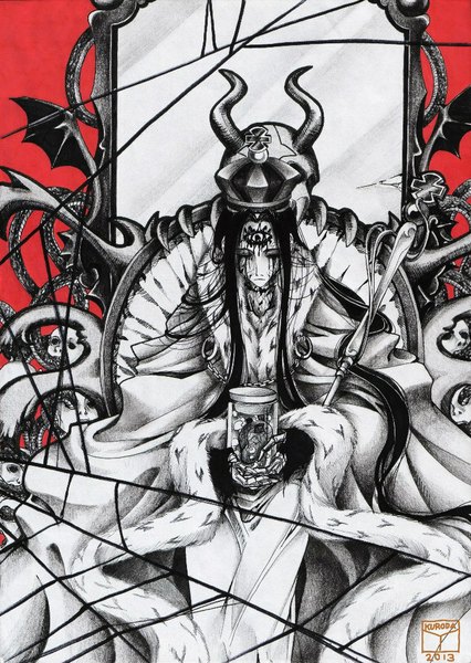 Anime picture 726x1023 with original yumichika kuroda single tall image black hair sitting signed very long hair horn (horns) monochrome traditional media bone (bones) crack skull and crossbones bloody tears boy animal heart crown mantle