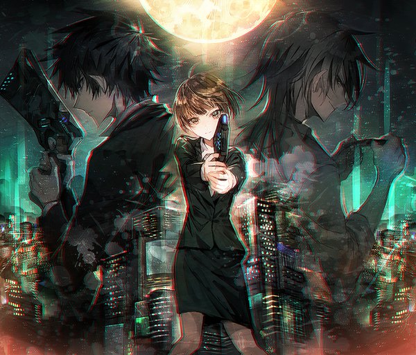 Anime picture 800x684 with psycho-pass production i.g kougami shin'ya tsunemori akane shougo makishima mura karuki long hair looking at viewer fringe short hair blue eyes black hair smile hair between eyes brown hair standing holding brown eyes looking away upper body