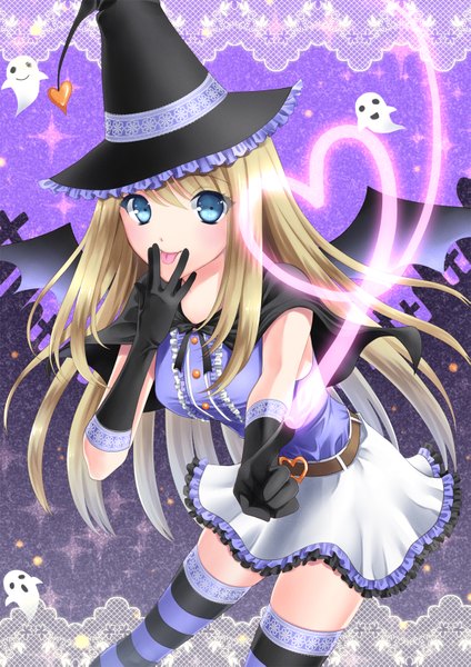 Anime picture 1157x1637 with original takaaya kazuka single long hair tall image looking at viewer blue eyes blonde hair halloween :p witch heart of string girl thighhighs dress gloves frills heart tongue witch hat
