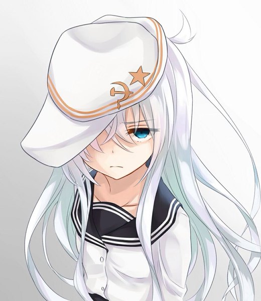 Anime picture 1024x1180 with kantai collection hibiki destroyer verniy destroyer azuuru single long hair tall image looking at viewer fringe blue eyes hair between eyes white hair serious hammer and sickle girl star (symbol) sailor suit flat cap