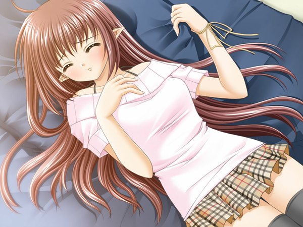 Anime picture 1024x768 with shuffle! lisianthus long hair blush brown hair eyes closed pointy ears on back girl thighhighs black thighhighs bed
