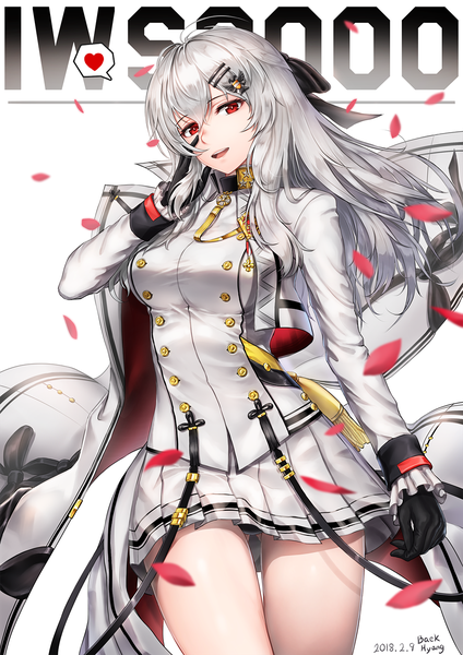 Anime picture 1060x1500 with girls frontline iws-2000 (girls frontline) baek hyang single long hair tall image looking at viewer blush fringe open mouth light erotic simple background red eyes standing white background silver hair pleated skirt wind pantyshot character names