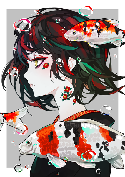 Anime picture 2508x3541 with original lam (ramdayo) single tall image fringe highres short hair black hair simple background yellow eyes profile multicolored hair tattoo streaked hair border pale skin makeup girl flower (flowers) animal