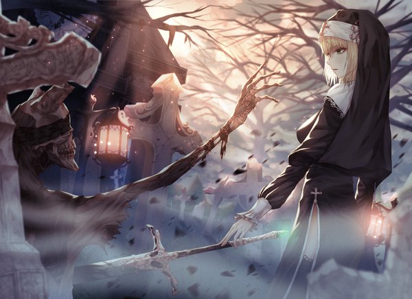 Anime picture 2206x1600 with original dlwhdals901 single long hair fringe highres breasts blonde hair hair between eyes standing green eyes sky cloud (clouds) outdoors profile sunlight looking down bare tree skeleton nun
