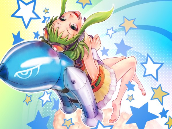 Anime picture 1200x900 with vocaloid gumi shinichi tahara single open mouth smile green eyes barefoot green hair from above from behind soles girl star (symbol) goggles spacecraft rocket ship jetpack