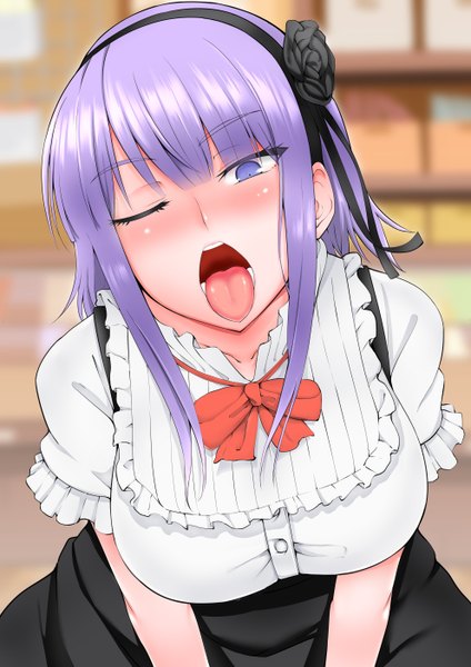 Anime picture 992x1403 with dagashi kashi feel (studio) shidare hotaru are (arearee) single tall image looking at viewer short hair open mouth blue eyes light erotic purple hair one eye closed girl dress hairband tongue