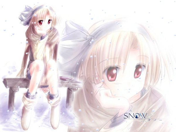 Anime picture 1024x768 with snow (game) studio mebius tachibana meiko short hair blonde hair red eyes sitting wallpaper copyright name snowing winter zoom layer boots hairband scarf book (books) bench