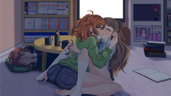 Anime picture 1920x1080 with idolmaster idolmaster cinderella girls kamiya nao abe nana araki hina monobe yuri long hair blush fringe highres short hair light erotic brown hair wide image multiple girls full body ahoge ass indoors eyes closed