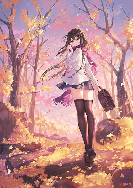 Anime picture 1196x1692 with original atdan single long hair tall image looking at viewer blush fringe hair between eyes brown hair standing holding brown eyes signed sky full body outdoors pleated skirt looking back wind