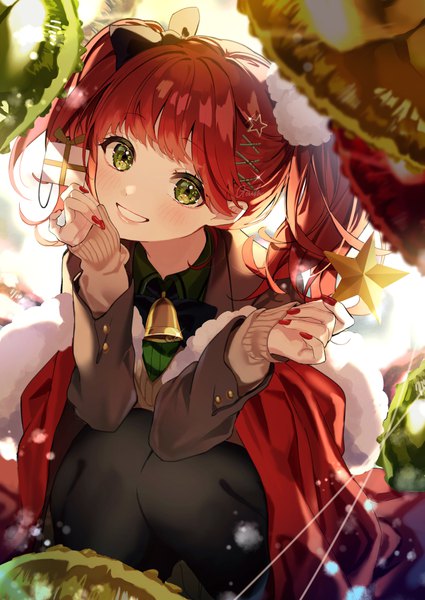 Anime picture 1200x1694 with original otoufu (gotouhu) single long hair tall image looking at viewer smile sitting twintails holding green eyes signed red hair long sleeves nail polish from above grin sleeves past wrists christmas bell collar
