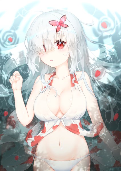 Anime picture 1488x2105 with original user xchv4234 single long hair tall image looking at viewer blush fringe breasts open mouth light erotic red eyes large breasts bare shoulders cleavage white hair head tilt hair over one eye shiny skin partially submerged