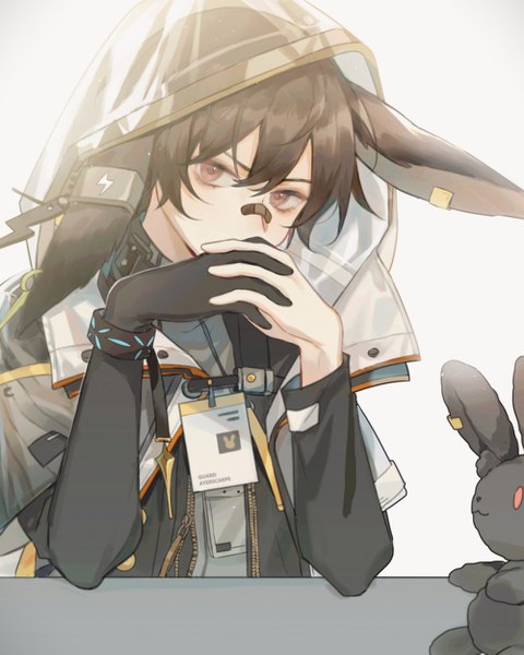 Anime picture 1000x1250 with arknights ayerscarpe (arknights) star.cat. single tall image looking at viewer fringe short hair hair between eyes brown hair brown eyes animal ears bunny ears hands clasped interlocked fingers bandaid on nose boy jacket hood toy