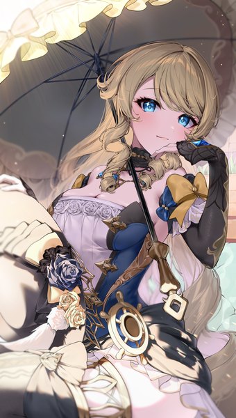 Anime picture 2397x4234 with genshin impact navia (genshin impact) kkopoli single long hair tall image fringe highres breasts blue eyes blonde hair sitting looking away cleavage drill hair hat removed headwear removed girl dress detached sleeves