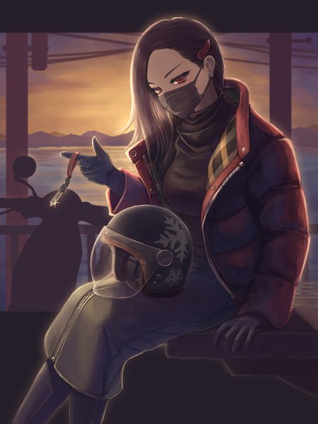 Anime picture 1050x1400 with original tama tsuka single tall image looking at viewer short hair black hair red eyes sitting outdoors open jacket evening sunset snowflake print helmet removed girl skirt gloves earrings black gloves