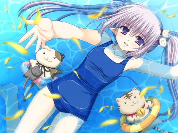 Anime picture 1600x1200 with shuffle! primula nishimata aoi long hair highres twintails blue hair pointy ears swimsuit one-piece swimsuit