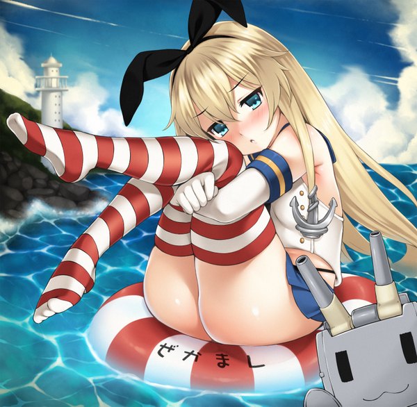 Anime picture 1500x1465 with kantai collection shimakaze destroyer rensouhou-chan ren san single long hair looking at viewer blush open mouth blue eyes light erotic blonde hair bare shoulders animal ears sky cloud (clouds) full body striped rock girl