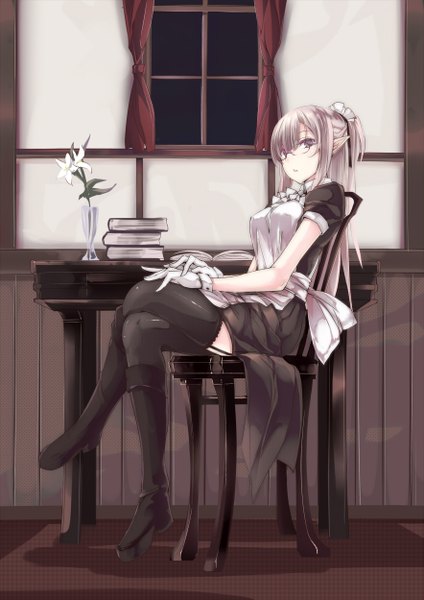 Anime picture 884x1250 with original touma raito single long hair tall image looking at viewer sitting pointy ears grey hair maid grey eyes crossed legs girl thighhighs flower (flowers) black thighhighs glasses boots headdress window