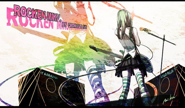 Anime picture 1280x747 with vocaloid hatsune miku crowdesu single long hair wide image bare shoulders from behind aqua hair girl thighhighs skirt striped thighhighs microphone wire (wires) guitar microphone stand
