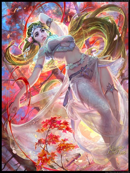 Anime picture 1000x1327 with legend of the cryptids yu-han single tall image light erotic red eyes standing very long hair traditional clothes green hair lips girl plant (plants) tree (trees) arabian clothes