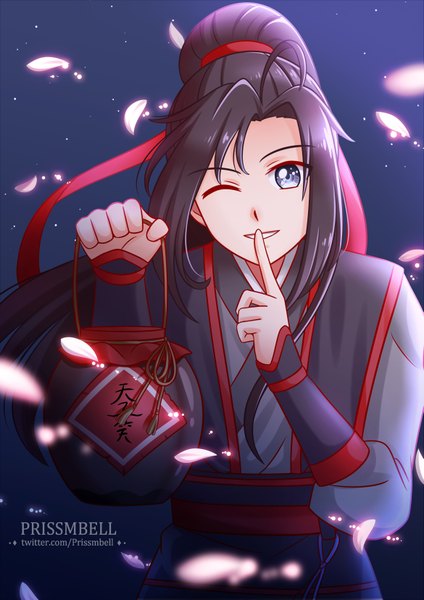 Anime picture 1169x1654 with mo dao zu shi wei wuxian prissmbell single long hair tall image looking at viewer blue eyes black hair simple background smile holding signed upper body ahoge ponytail traditional clothes one eye closed wink chinese clothes