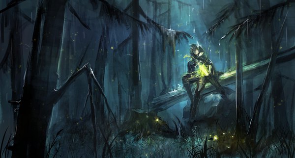 Anime picture 1021x549 with original pixiv fantasia pixiv fantasia revenge of the darkness ui (pixiv) single looking at viewer wide image sitting bent knee (knees) outdoors night unsheathing glowing weapon boy weapon plant (plants) sword tree (trees) hood insect
