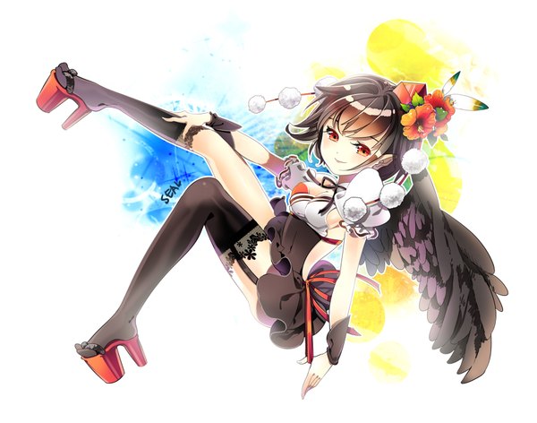 Anime picture 1739x1369 with touhou shameimaru aya seal (pukozin) single highres short hair black hair red eyes hair flower girl thighhighs dress hair ornament black thighhighs wings shoes