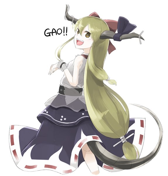 Anime picture 1086x1135 with touhou ibuki suika crazyoton46 single tall image looking at viewer fringe open mouth simple background blonde hair smile hair between eyes white background yellow eyes tail looking back horn (horns) from behind sleeveless text