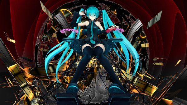 Anime picture 1360x768 with vocaloid hatsune miku single long hair blue eyes wide image twintails aqua hair girl thighhighs detached sleeves necktie headphones