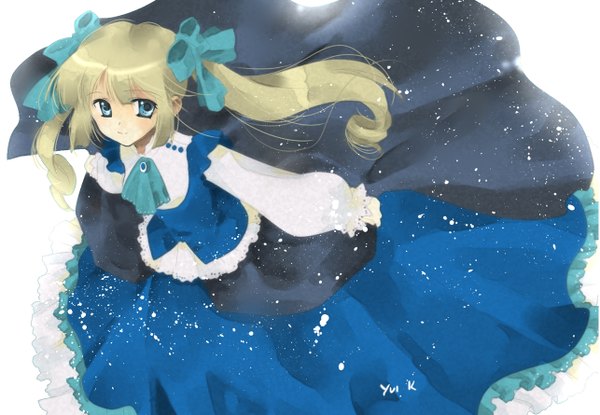 Anime picture 1286x890 with original kikuta yui single long hair fringe blue eyes blonde hair smile signed looking away long sleeves from above girl dress bow hair bow