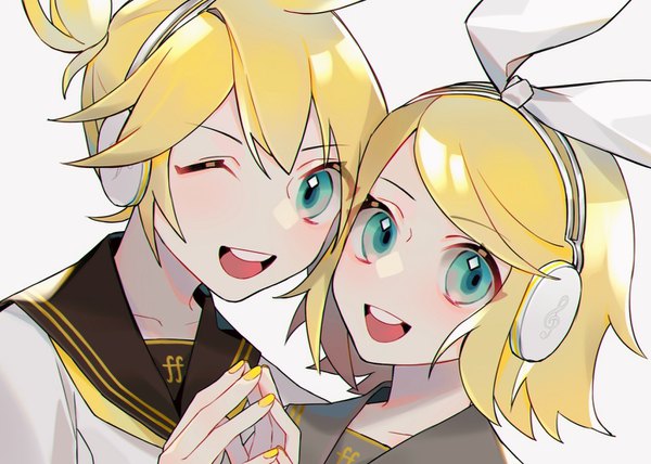 Anime picture 1400x1000 with vocaloid kagamine rin kagamine len kagamine rin (vocaloid4) kagamine len (vocaloid4) heridy looking at viewer short hair open mouth simple background blonde hair white background ponytail nail polish one eye closed aqua eyes teeth siblings twins sailor collar