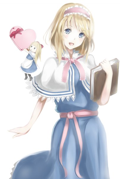 Anime picture 1000x1479 with touhou alice margatroid shanghai minamo iruka single tall image looking at viewer blush short hair open mouth blue eyes simple background blonde hair smile white background solid eyes girl dress headdress heart