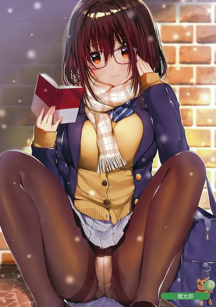 Anime picture 2467x3500 with melonbooks matarou (genkai toppa) single tall image looking at viewer blush fringe highres short hair breasts light erotic smile hair between eyes brown hair sitting holding brown eyes pleated skirt pantyshot spread legs