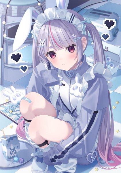 Anime picture 1653x2362 with virtual youtuber vspo! cattleya regina games tosaki mimi jimmy madomagi single tall image looking at viewer blush fringe sitting purple eyes twintails animal ears payot silver hair bent knee (knees) blunt bangs long sleeves very long hair