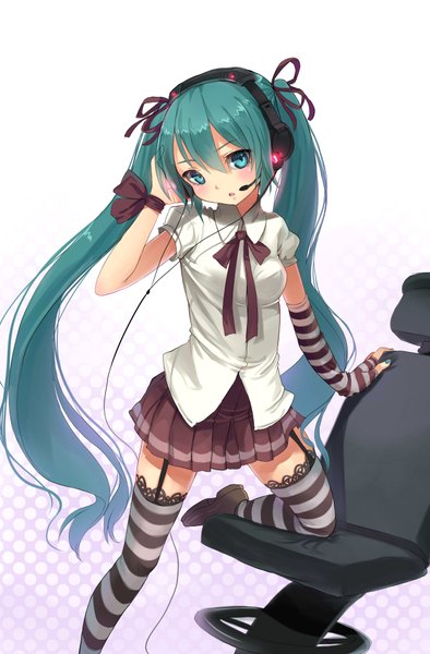 Anime picture 1252x1906 with vocaloid hatsune miku fkey single long hair tall image simple background white background twintails aqua eyes aqua hair girl thighhighs ribbon (ribbons) detached sleeves headphones striped thighhighs chair