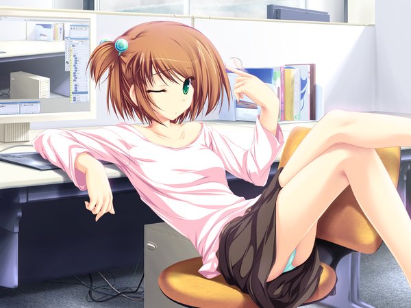 Anime picture 1600x1200 with inakoi whirlpool (studio) midou chihiro tenmaso light erotic green eyes one eye closed wink pantyshot wallpaper pantyshot sitting skirt underwear panties chair blue panties computer office chair