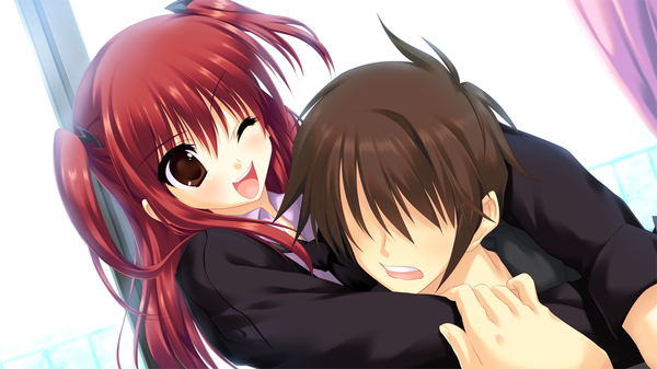 Anime picture 1024x576 with nekonade distortion nanakase yui long hair short hair open mouth black hair red eyes wide image twintails game cg red hair one eye closed wink short twintails girl boy