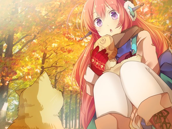 Anime picture 1024x768 with original matryoshka (borscht) long hair blush fringe hair between eyes purple eyes holding outdoors red hair :o looking down squat lacing autumn girl gloves plant (plants) animal tree (trees)