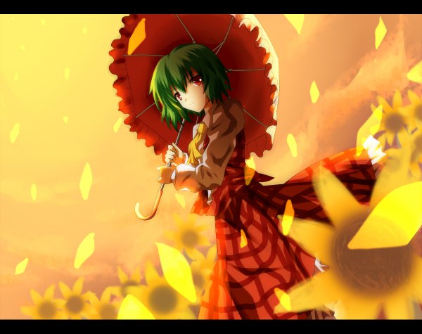 Anime picture 1200x950 with touhou kazami yuuka mog (artist) single short hair red eyes green hair girl dress skirt flower (flowers) petals umbrella skirt set