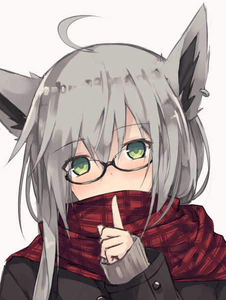 Anime picture 1282x1702 with original nagishiro mito single long hair tall image looking at viewer blush fringe simple background hair between eyes green eyes animal ears upper body ahoge head tilt grey hair grey background fox ears covered mouth girl